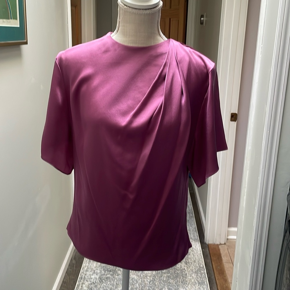 Vince silk flutter blouse in n vibrant camellia color
